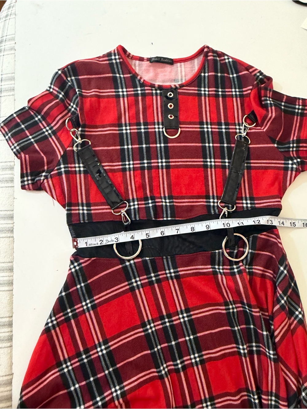 Devil Fashion X Dolls Kill Red Plaid Mesh Goth Punk Harness Dress S *NO CHAIN* - Picture 15 of 16